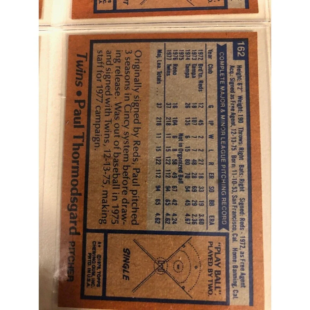 1978 Topps Baseball Card # 162 Paul Thormodsgard Pitcher‎ Twins